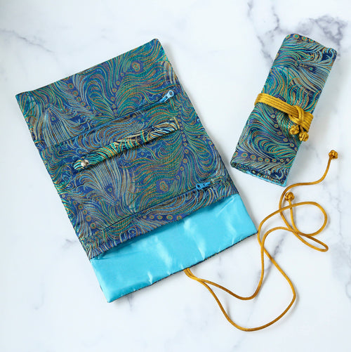 Peacock Feather Brocade Jewelry Rolls, Travel Jewelry Pouch-Blue Hand Home