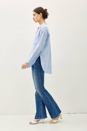 COTTON LINEN BLEND LONG SLEEVE BUTTON UP SHIRT-Blue Hand Home