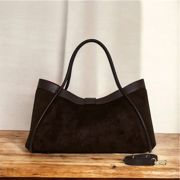 Genuine Suede And Togo Leather Bag, Made In Italy With Strap: Dark Brown