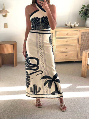 Unique Seashell Print Halterneck Maxi Dress-Blue Hand Home