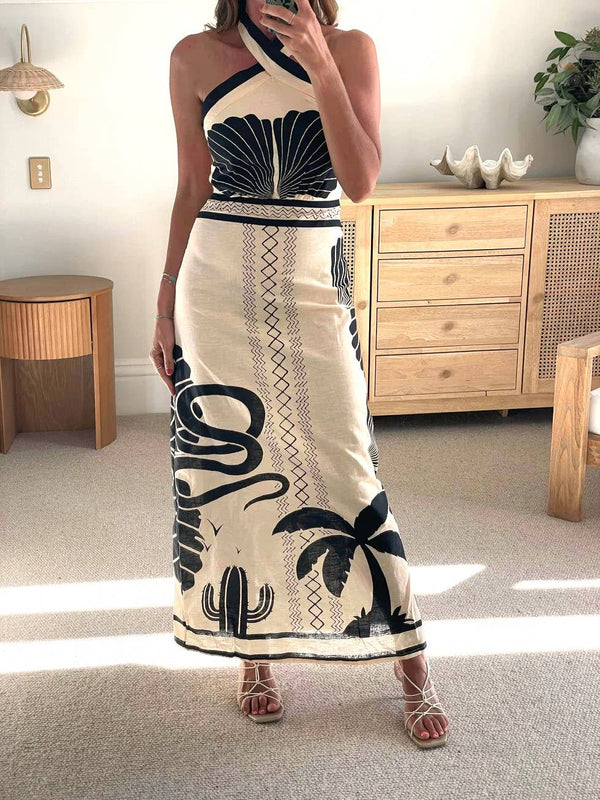 Unique Seashell Print Halterneck Maxi Dress-Blue Hand Home