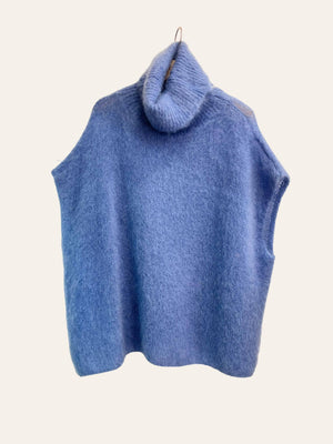 80% Kid Mohair Turtleneck Poncho Sweater: Ecru / One Size-Blue Hand Home