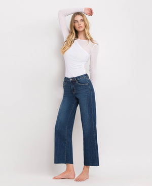 TUMMY CONTROL MID RISE DARK WASH WIDE LEG JEANS LV1311-Blue Hand Home