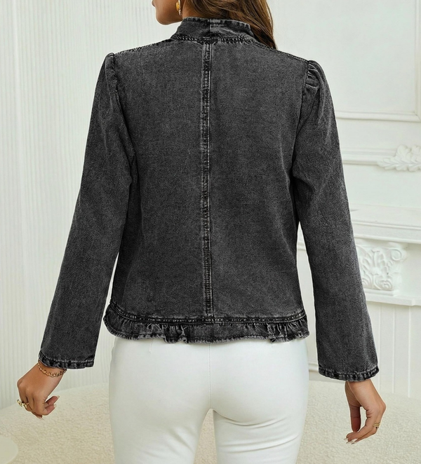 Crop Open Ruffle Denim Jacket