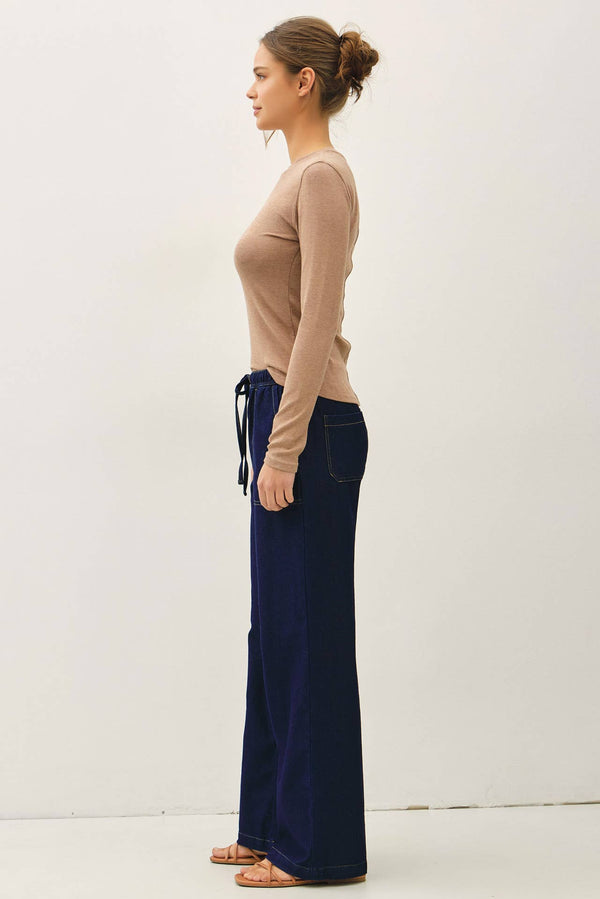 KNIT DENIM WIDE LEG PULL ON PANTS-Blue Hand Home