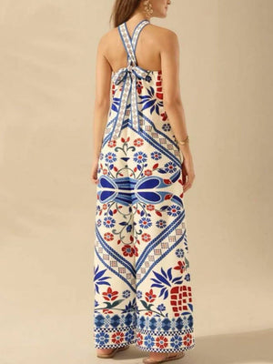Vacation Palm Tree Tropical Prints Halter Jumpsuit-Blue Hand Home