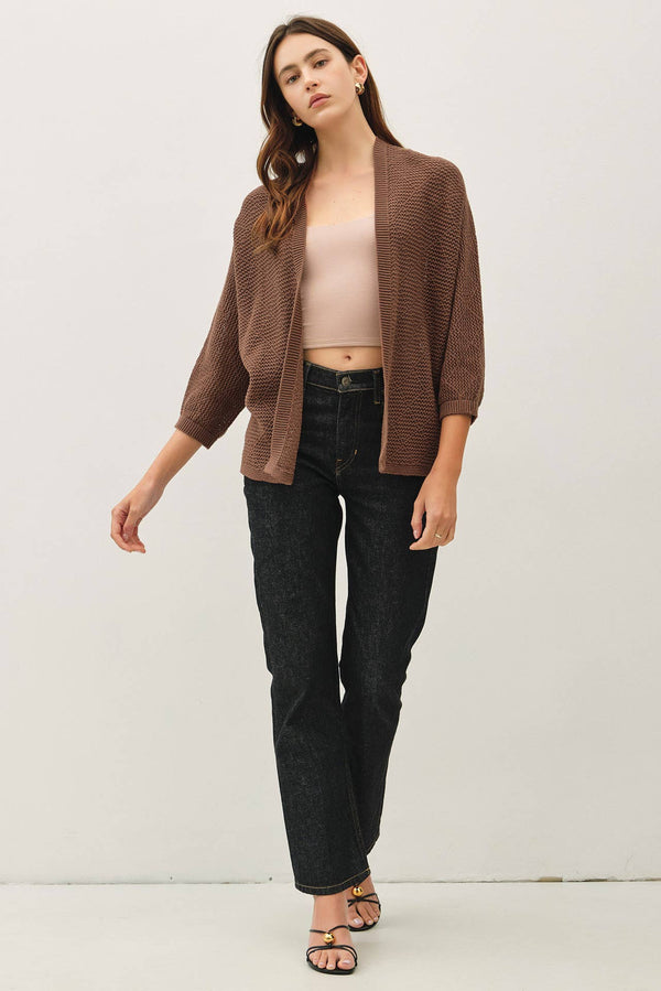DIAMOND PATTERN DOLMAN 3/4 SLEEVE OPEN CARDIGAN-Blue Hand Home