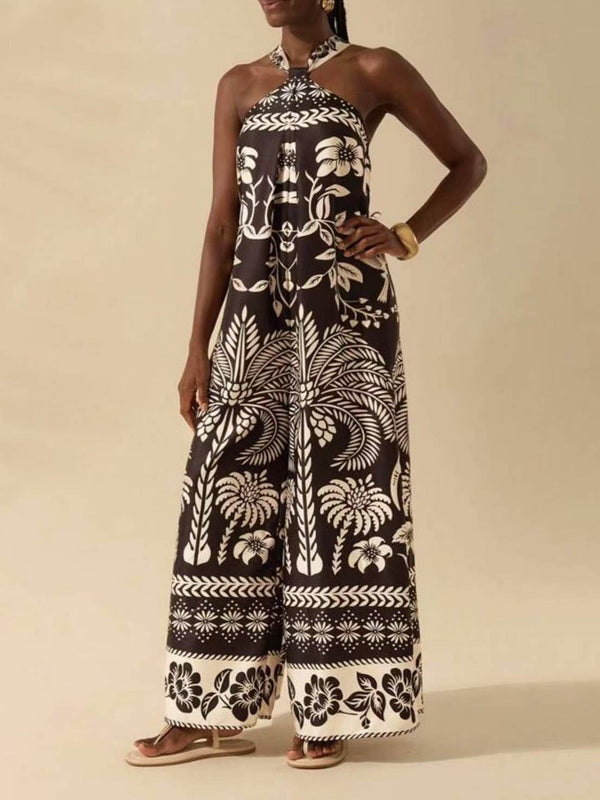 Vacation Palm Tree Tropical Prints Halter Jumpsuit-Blue Hand Home