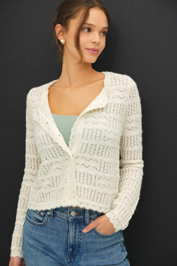 Openwork Knit Scalloped Edge Cardigan-Blue Hand Home