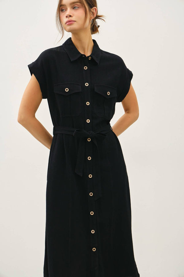 BUTTON UP MIDI DRESS W/ UTILITY STYLE POCKETS-Blue Hand Home