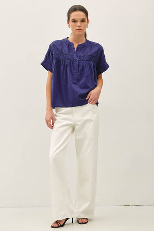 EYELET LACED OVERSIZE DOLMAN SLEEVE TOP-Blue Hand Home