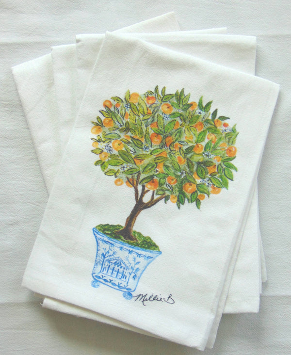 Limited Edition Orange Topiary White Flour Sack Towel-Blue Hand Home