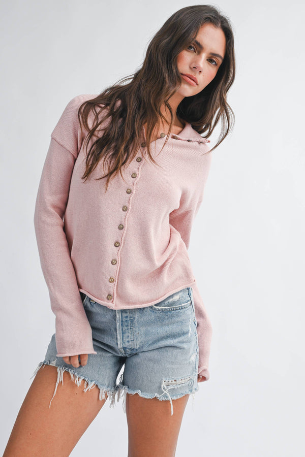 5221HK Button Front Cropped Knit Cardigan-Blue Hand Home