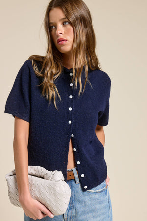 Short Sleeve Button Down Cardigan Top-Blue Hand Home