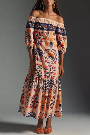 Vintage Print One-Shoulder Baggy Dress-Blue Hand Home