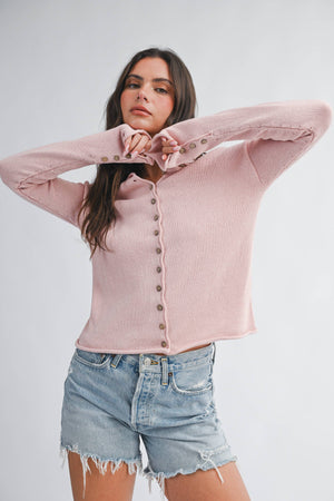 5221HK Button Front Cropped Knit Cardigan-Blue Hand Home