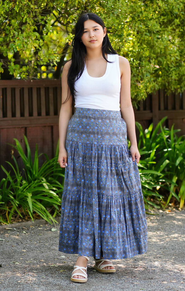 Block Printed Tiered Cotton Skirt- Grey Blue -Blue Hand Home