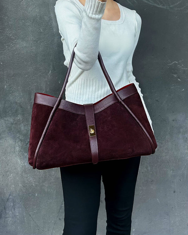 Genuine Suede And Togo Leather Bag, Made In Italy With Strap: Taupe