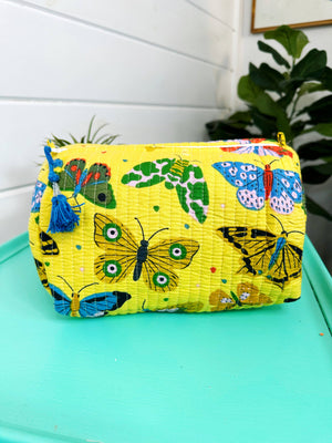 Quilted Makeup Bag | Cosmetic Toiletry Bag | Butterfly Print-Blue Hand Home
