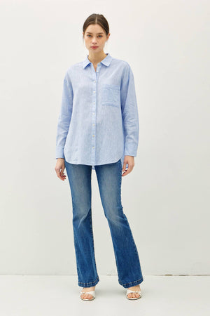 COTTON LINEN BLEND LONG SLEEVE BUTTON UP SHIRT-Blue Hand Home