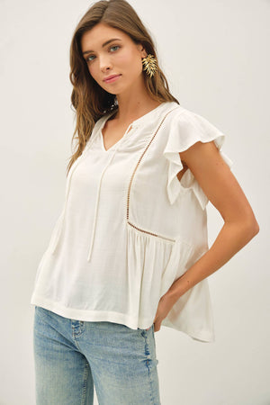 TIE FRONT RUFFLE SLEEVE TOP-Blue Hand Home