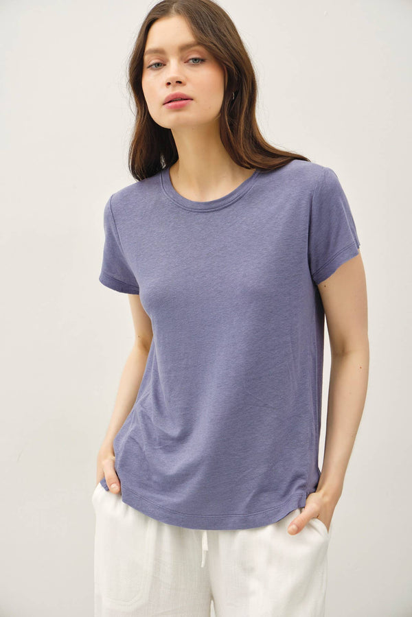 LINEN CLASSIC ROUND NECK SPLIT HEM T-SHIRT-Blue Hand Home
