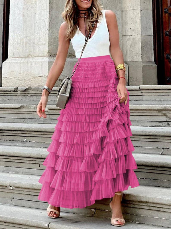 Elastic waist ruffle tulle maxi skirt-Blue Hand Home
