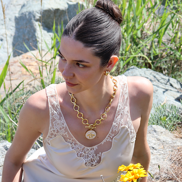 Queen Bee Toggle Necklace with Enamel - 24K Gold Plated
