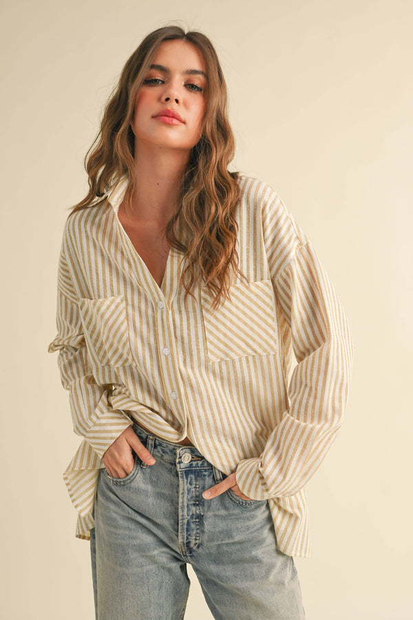 T5276 Striped Pattern Button Down Shirts-Blue Hand Home