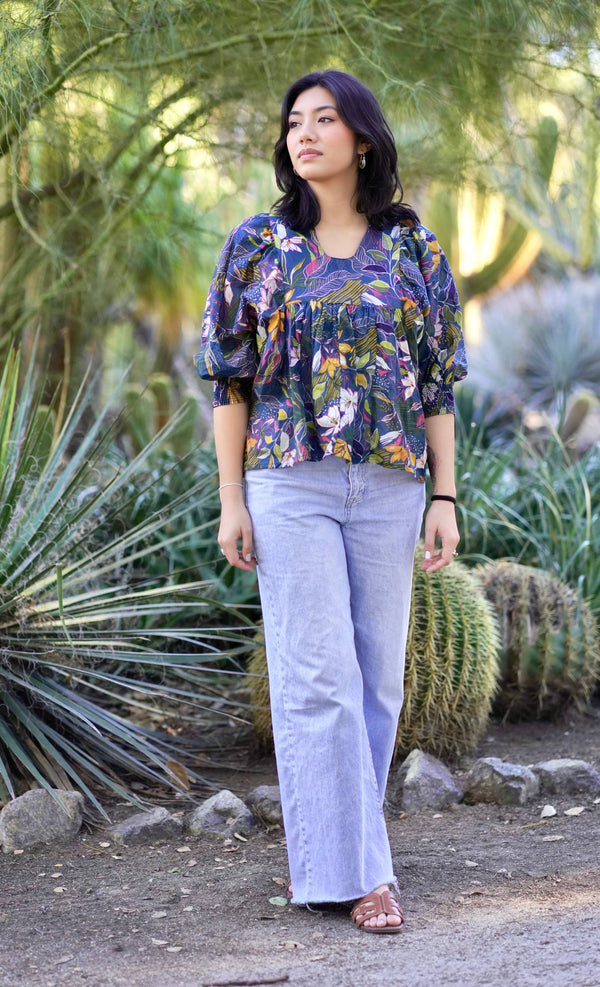 Anjou Top O/S Teal Gold-Blue Hand Home