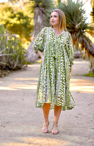 Mylah Midi Dress Block Printed Green-Blue Hand Home