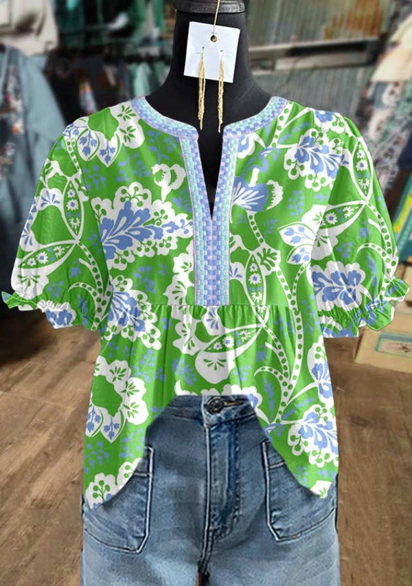 Makalia Floral Print Women Blouse Summer Top-Blue Hand Home