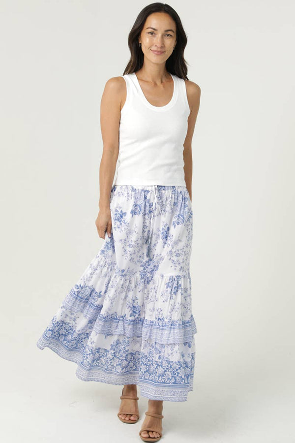 E6E87-WB55 PRINTED MAXI SKIRT-Blue Hand Home