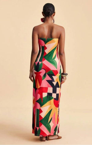 Tropical Floral Print Strapless Maxi Dress Tube Dress-Blue Hand Home