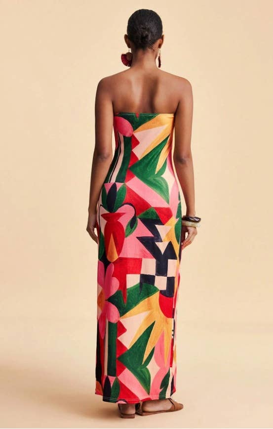 Tropical Floral Print Strapless Maxi Dress Tube Dress-Blue Hand Home