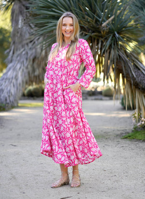 Calypso Dress Pink White-Blue Hand Home