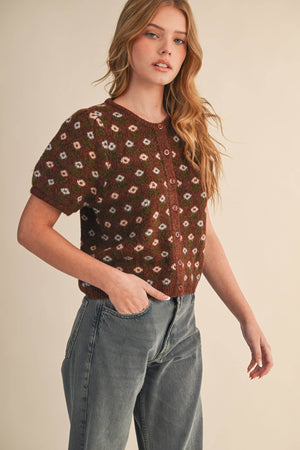 FLORAL SHORT SLEEVE SWEATER CARDIGAN MSW11259-Blue Hand Home