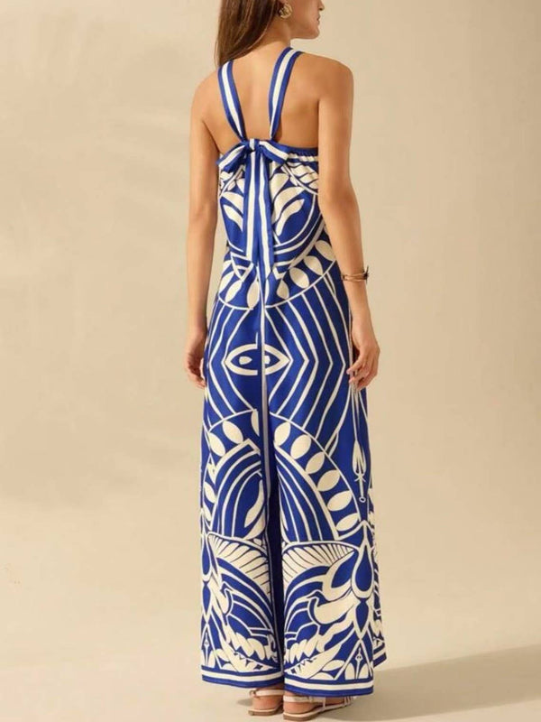 Vacation Palm Tree Tropical Prints Halter Jumpsuit-Blue Hand Home