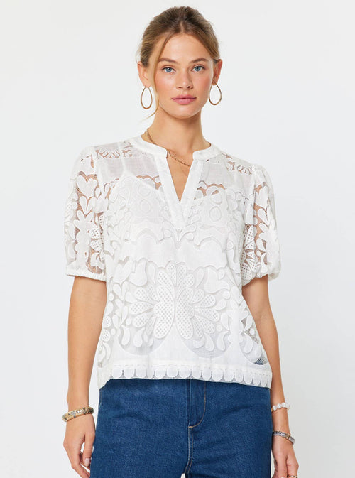 Embroidered Short Puff Sleeve Blouse-Blue Hand Home