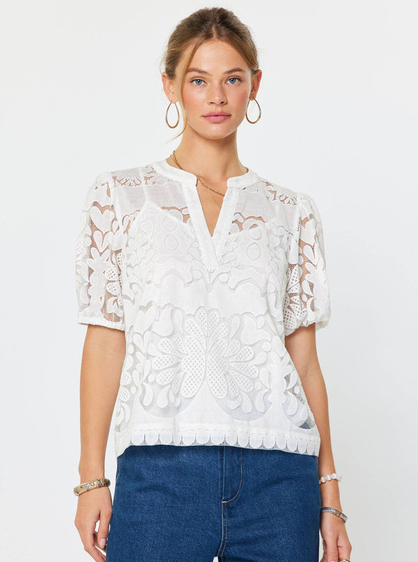 Embroidered Short Puff Sleeve Blouse-Blue Hand Home