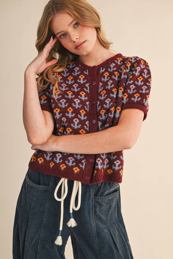 FLORAL SHORT SLEEVE SWEATER CARDIGAN MSW11259-Blue Hand Home
