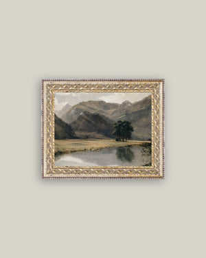 River Mountainscape Framed Antique Art-Blue Hand Home