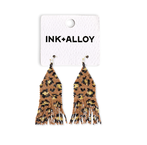 Delilah Cheetah Print Beaded Fringe Earrings Mocha, Black, + Gold Wholesale-Blue Hand Home