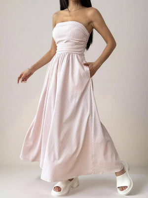 Effortless vibe Pinstripe strapless A-line skirt maxi dress-Blue Hand Home