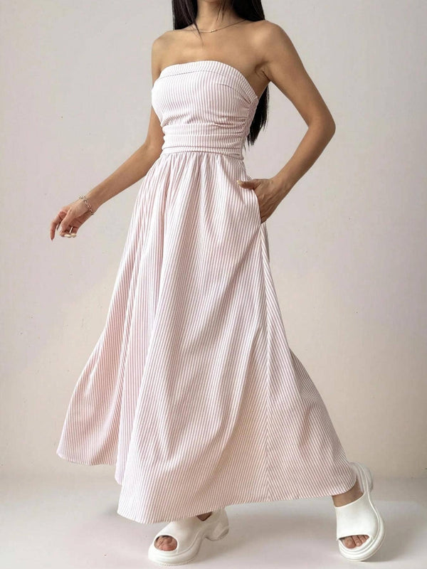 Effortless vibe Pinstripe strapless A-line skirt maxi dress-Blue Hand Home