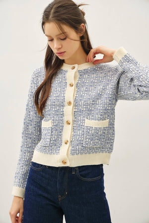 TWEED KNIT CREWNECK CARDIGAN-Blue Hand Home