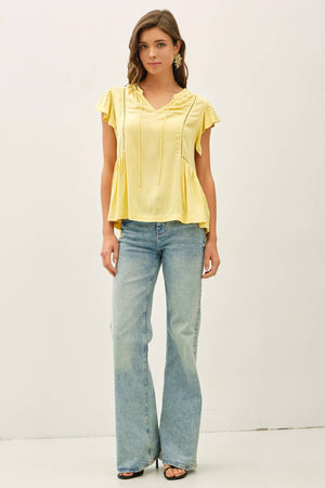 TIE FRONT RUFFLE SLEEVE TOP-Blue Hand Home