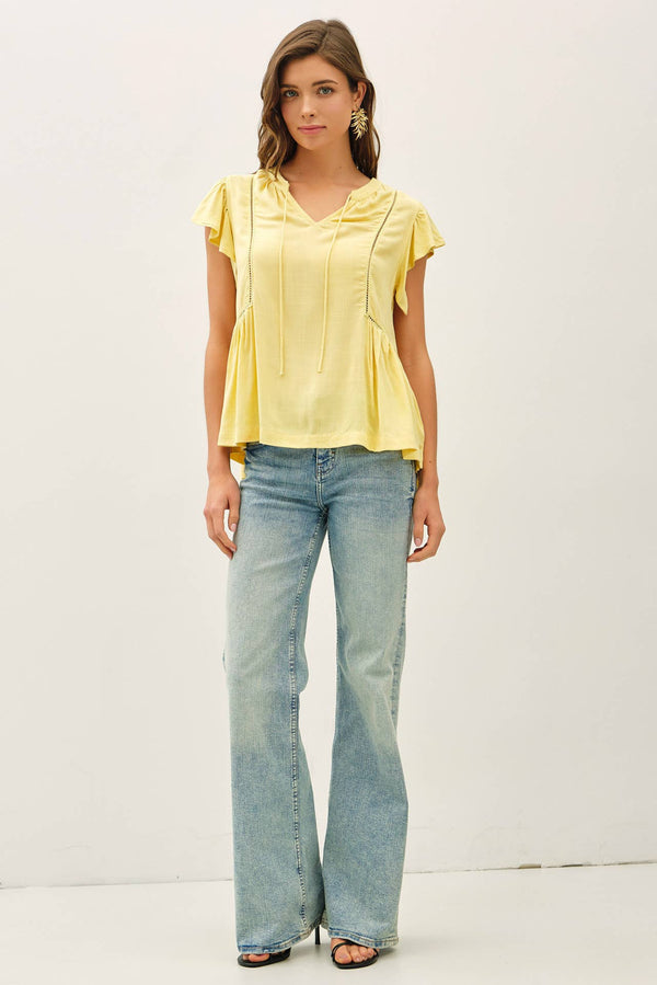 TIE FRONT RUFFLE SLEEVE TOP-Blue Hand Home