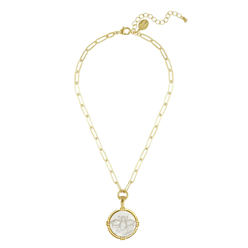 Etched Bee in Genuine Mother of Pearl Necklace-Blue Hand Home