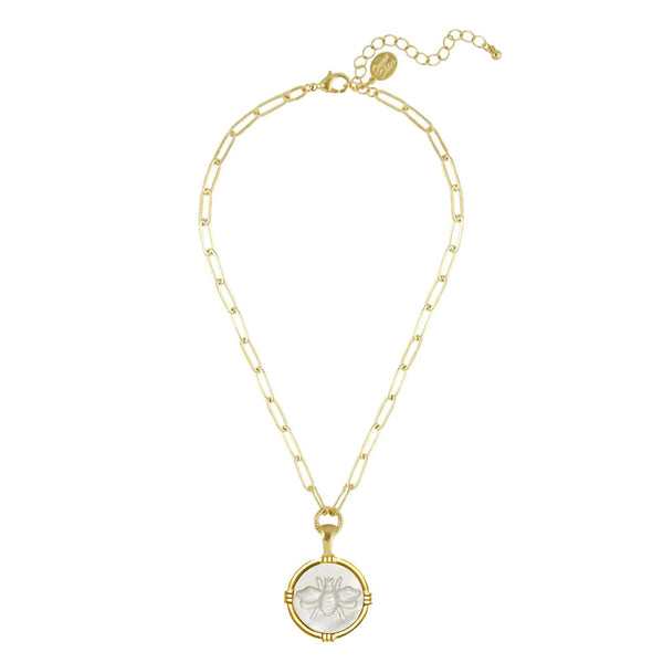 Etched Bee in Genuine Mother of Pearl Necklace-Blue Hand Home